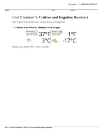 Unit 7, Lesson 1: Positive and Negative Numbers