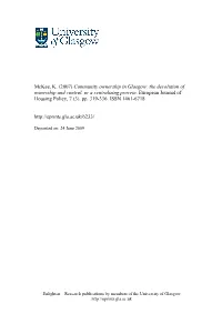 Community Ownership in Glasgow: the Devolution of Ownership and Control, Or a Centralizing Process