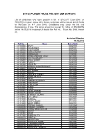 SI in CAPF, DELHI POLICE and ASI in CISF EXAM-2016 List of Candidates Who Were Present in S.I. in DP/CAPF Exam-2016 on 20.03.201
