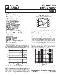 AD830 High Speed, Video Difference Amplifier Data Sheet
