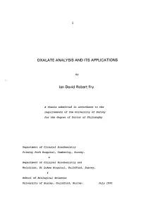 OXALATE ANALYSIS and ITS APPLICATIONS Ian David Robert