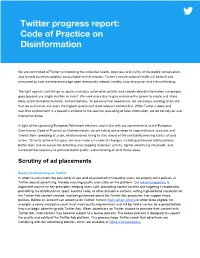Twitter to Improving the Collective Health, Openness and Civility of the Public Conversation, and to Hold Ourselves Publicly Accountable to That Mission