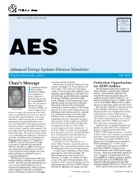 Chair's Message Advanced Energy Systems Division Newsletter