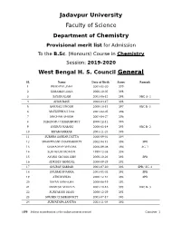 Jadavpur University Faculty of Science Department of Chemistry Provisional Merit List for Admission to the B.Sc