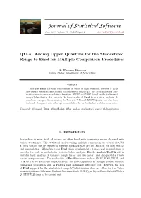 QXLA: Adding Upper Quantiles for the Studentized Range to Excel for Multiple Comparison Procedures