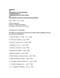 Summary of Transcript of Proceedings in the Matter of Commission Rate Structures of Registered National Securities Exchanges