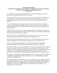 Senator Dianne Feinstein Statement of Introduction for the Nomination of Alejandro N. Mayorkas to Be Deputy Secretary for the De