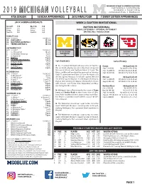 2019 MICHIGAN VOLLEYBALL Vanmetre@Umich.Edu  Mgoblue.Com 47Th SEASON 18 NCAA APPEARANCES 2012 FINAL FOUR 7 SWEET SIXTEEN APPEARANCES