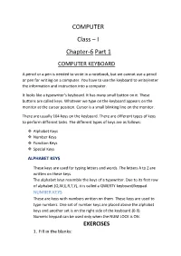 COMPUTER Class – I Chapter-6 Part 1 COMPUTER KEYBOARD