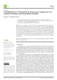 Contributions to a Discussion of Spinosaurus Aegyptiacus As a Capable Swimmer and Deep-Water Predator