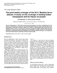 The Print Media Coverage of the 26/11 Mumbai Terror Attacks: a Study on the Coverage of Leading Indian Newspapers and Its Impact on People