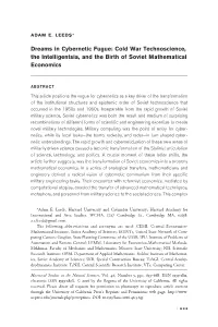 Dreams in Cybernetic Fugue: Cold War Technoscience, the Intelligentsia, and the Birth of Soviet Mathematical Economics