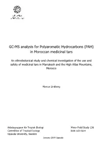 GC-MS Analysis for Polyaromatic Hydrocarbons (PAH) in Moroccan Medicinal Tars