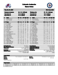 Colorado Avalanche Game Notes