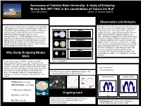 Research on Eclipsing Binary Star in Constellation of Taurus “WY Tau” Avery Mcchristian Advisor: Dr Shaukat Goderya