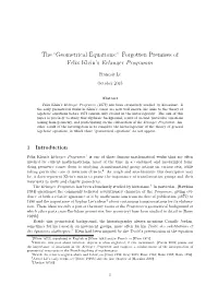 The “Geometrical Equations:” Forgotten Premises of Felix Klein's