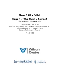Think 7 USA 2020: Report of the Think 7 Summit Videoconference, May 14–15, 2020