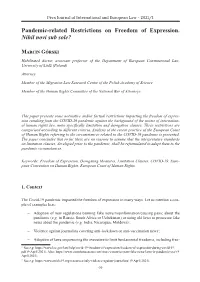 Pandemic-Related Restrictions on Freedom of Expression. Nihil Novi Sub Sole?