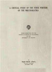 A Critical Study of the Verse Portion of the Mrcchakatika
