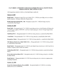 FACT SHEET: OVERVIEW of IRANIAN-LINKED FINANCIAL INSTITUTIONS DESIGNATED by the UNITED STATES All Designations Include All Offic