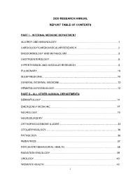 2020 Research Annual Report Table of Contents