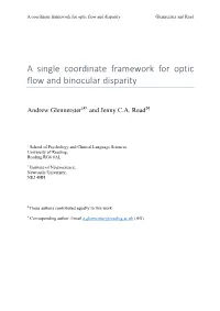 A Single Coordinate Framework for Optic Flow and Binocular Disparity
