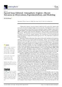 Special Issue Editorial: Atmospheric Airglow—Recent Advances in Observations, Experimentations, and Modeling