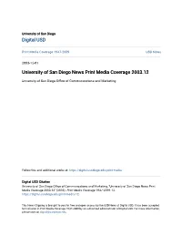 University of San Diego News Print Media Coverage 2003.12