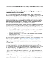 Provisional List of Invertebrates Requiring Urgent Management