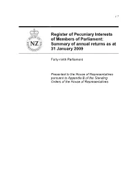 Register of Pecuniary Interests of Members of Parliament: Summary of Annual Returns As at 31 January 2009