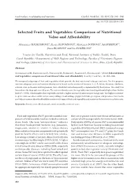 Selected Fruits and Vegetables: Comparison of Nutritional Value and Affordability