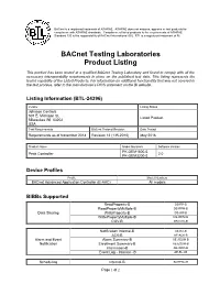 Bacnet Testing Labs Product Listing