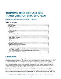 RICHMOND FIRST MILE/LAST MILE TRANSPORTATION STRATEGIC PLAN INVENTORY of BEST MULTIMODAL PRACTICES Table of Contents Introduction