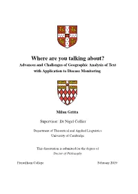 Where Are You Talking About? Advances and Challenges of Geographic Analysis of Text with Application to Disease Monitoring