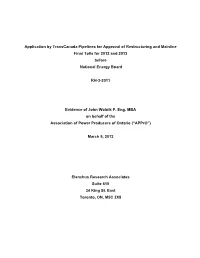 Application by Transcanada Pipelines for Approval of Restructuring and Mainline Final Tolls for 2012 and 2013 Before National Energy Board