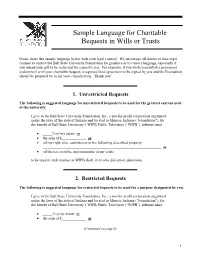 Sample Language for Charitable Bequests in Wills Or Trusts