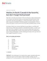 Hockey in Sochi: Canada Is the Favorite, but Don’T Forget Switzerland!