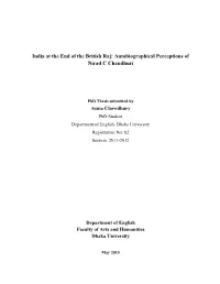 Autobiographical Perceptions of Nirad C Chaudhuri