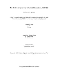 The Devil in Virginia: Fear in Colonial Jamestown, 1607-1622