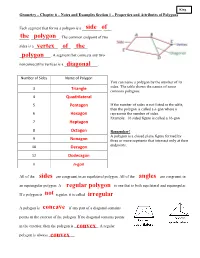 Side of the Polygon Polygon Vertex of the Diagonal Sides Angles Regular