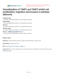 Demethylation of TIMP2 and TIMP3 Inhibit Cell Proliferation, Migration and Invasion in Pituitary Adenoma