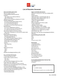 List of Disorders Screened