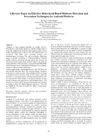 A Review Paper on Effective Behavioral Based Malware Detection and Prevention Techniques for Android Platform