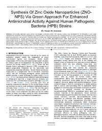 ZNO- NPS) Via Green Approach for Enhanced Antimicrobial Activity Against Human Pathogenic Bacteria (HPB) Strains