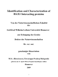 Identification and Characterization of HAX1 Interacting Proteins