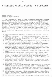 A College-Level Course in Logology