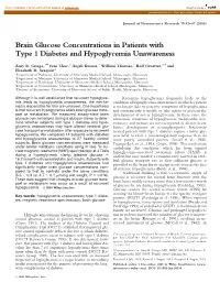 Brain Glucose Concentrations in Patients with Type 1 Diabetes and Hypoglycemia Unawareness