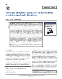 Validation of Lactate Clearance at 6 H for Mortality Prediction in Critically Ill Children