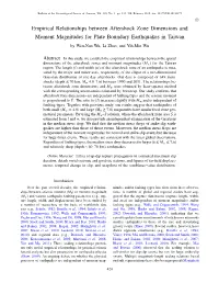 Empirical Relationships Between Aftershock Zone Dimensions and Moment Magnitudes for Plate Boundary Earthquakes in Taiwan by Wen-Nan Wu, Li Zhao, and Yih-Min Wu