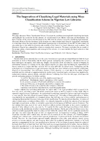 The Imperatives of Classifying Legal Materials Using Moys Classification Scheme in Nigerian Law Libraries